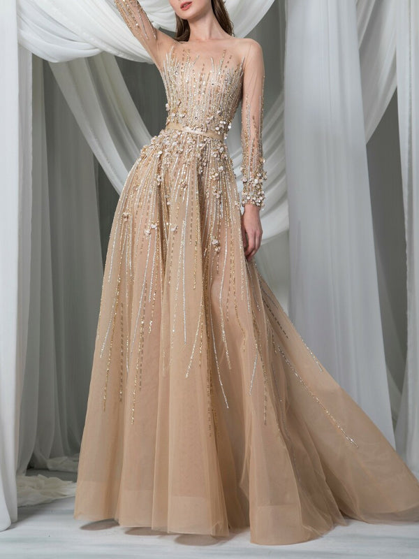 Round Neck Sequined Long Sleeve Solid Color Maxi Dress