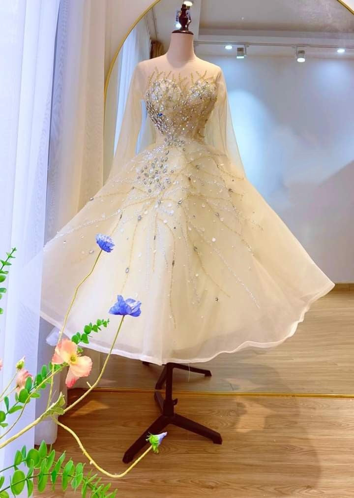 Light Yellow Beading Elegant Long Tulle Ball Gown Evening Dress Party Dress gh4916