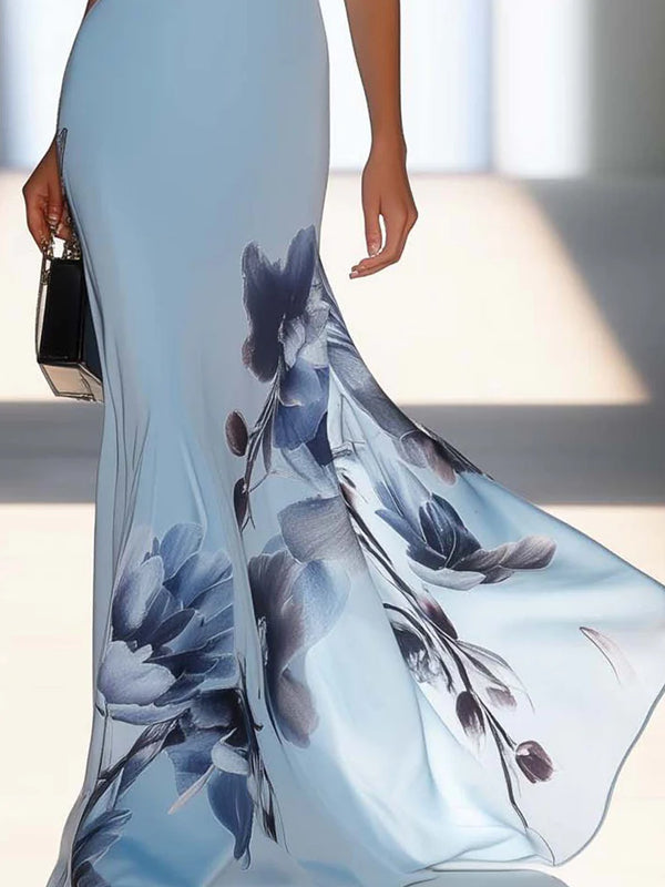 One Shoulder Blue Chiffon Maxi Dress With Elegant Flowers