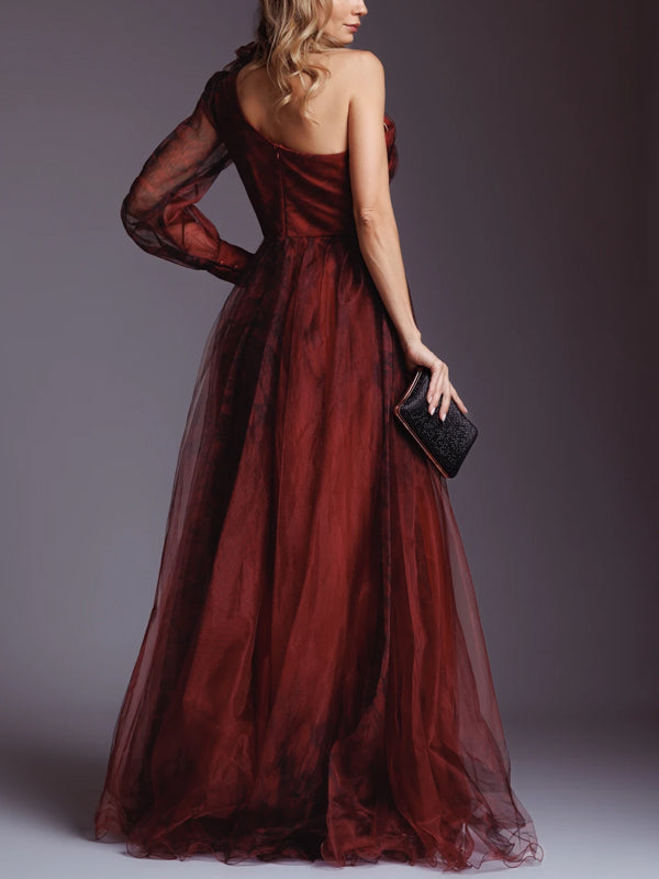 Off-shoulder Mesh Print Maxi Dress