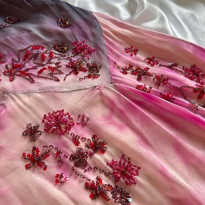 Pink Gradient Gorgeous Lightweight Exquisite Beaded Spaghetti Strap Long Chiffon Ball Gown Evening Gown Party Dress gh3339