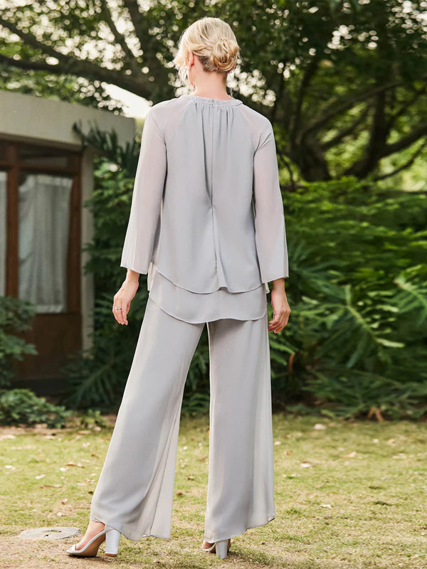 Round Neck Chiffon Solid Color Top And Pants Suit