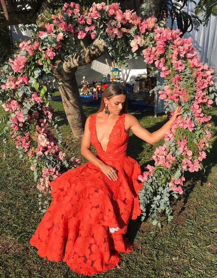 Deep V neck orange A-line long tiered ball gown evening dress gh2810