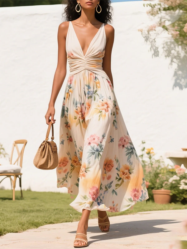 V-neck Sleeveless Printed Maxi Dress