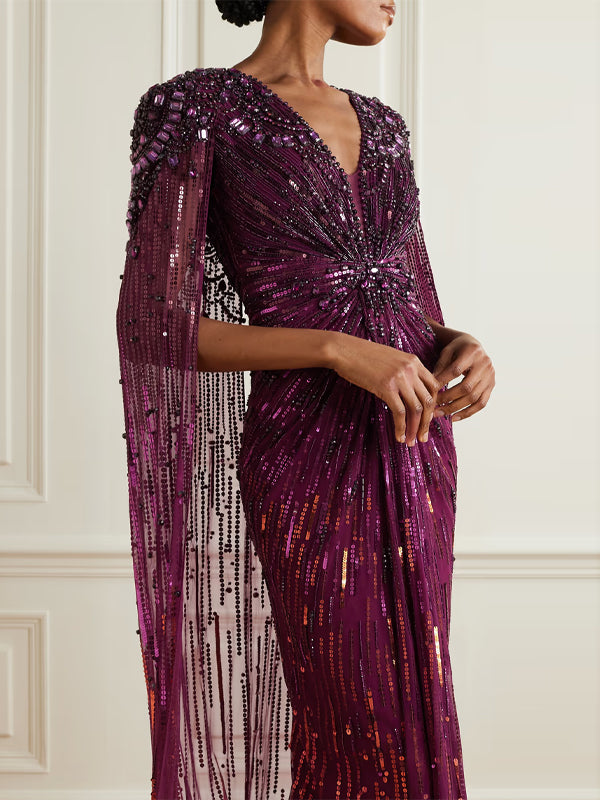 V-Neck Sequin Solid Color Maxi Dress