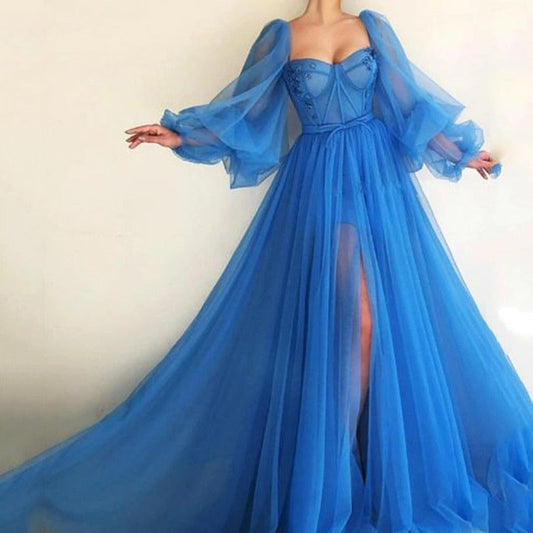loveedsTM-Simple Blue Prom Dresses Long Puff Sleeves Exposed Boning Illusion Evening Dresses High Slit Tulle A-Line Formal Gowns