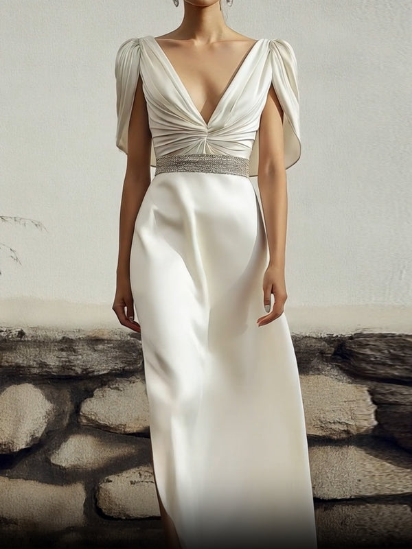 Evening Party Satin Dress White Deep V-Neck Rhinestone Belt Slit Maxi Dress