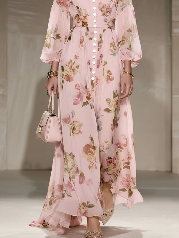 Floral Chiffon V Neck Long Sleeve Balloon Sleeve A-Line Maxi Dress