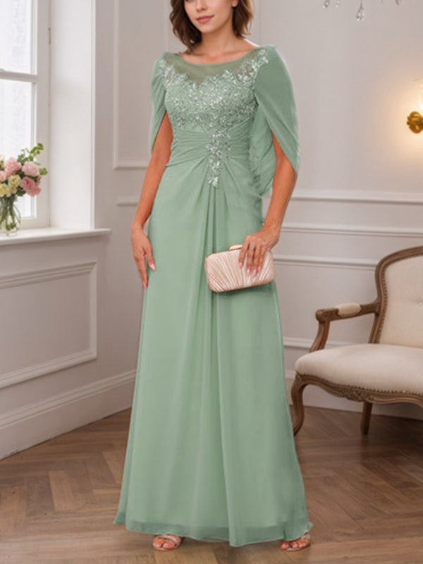 A-Line/Princess Illusion Scoop Appliques Ruched Mother of the Bride Dresses with Cape