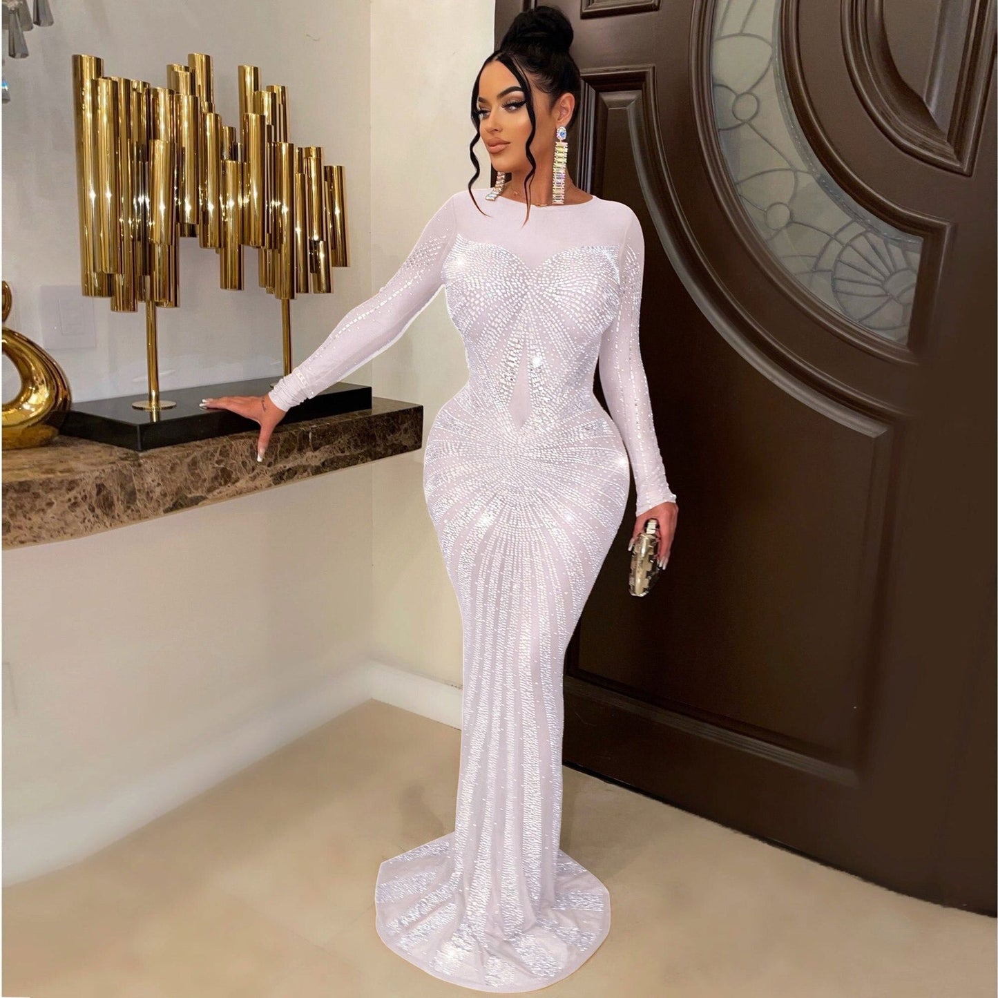 loveedsTM-Sexy Rhinestones Floor-length Evening Dresses Luxury Elegant Women's O-neck Long Sleeve See-through Mesh Night Club Long Dress