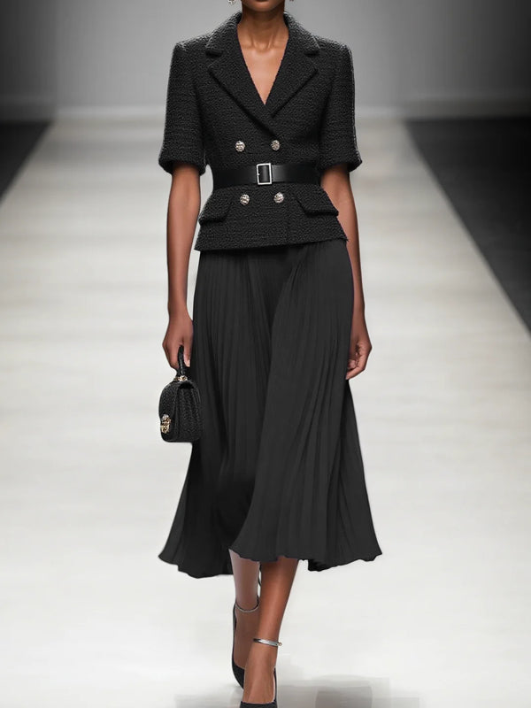 Tweed Pleated Buckle Lapel Collar Short Sleeve Dressy Top With Skirt Two-Piece Set