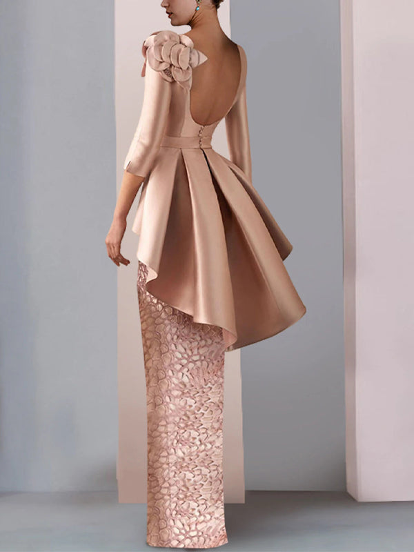 Round Neck Lace Solid Color Three-dimensional Flowers Maxi Dress