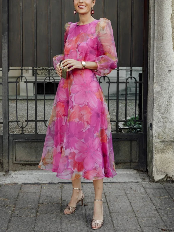 Puff Sleeve Temperament Chiffon Printed Women's Dress