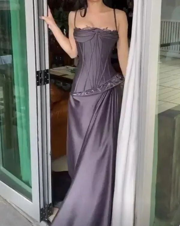 Purple vintage fashion spaghetti strap long satin prom dress, evening dress, party dress gh3525