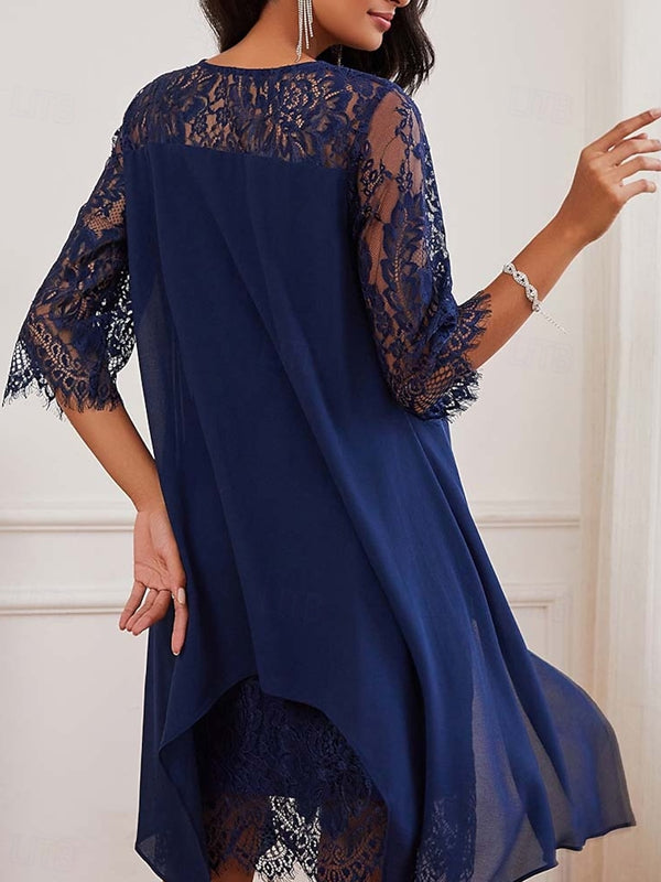 Lace Chiffon Stitching Casual Round Neck 3/4 Long Sleeve Dress