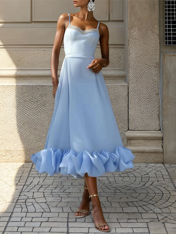 Blue Rhinestone Peplum Classic Spaghetti Sleeveless A-Line Midi Dress
