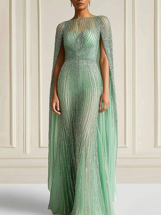Evening Formal Gown Tulle Foil Fabric Cape Boat Neck Maxi Dress