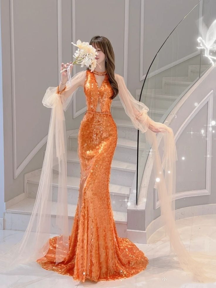 Orange Gorgeous Shiny Elegant Long Sleeve Tulle Long Sequin Mermaid Slim Ball Gown Evening Dress Party Dress gh3386