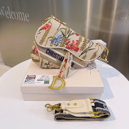 CHRISTIAN DIOR SADDLE BAG EMBROIDERED CANVAS HANDBAG IVORY
