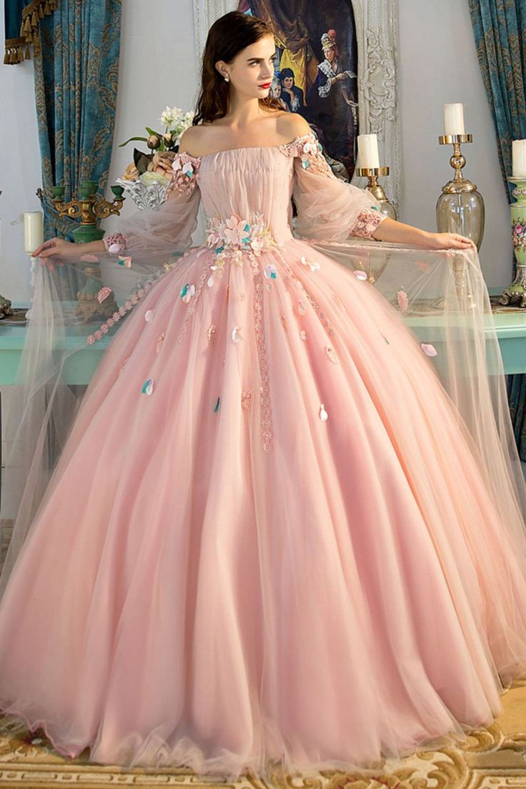 Pink delicate floral applique fairy long sleeves long tulle ball gown evening dress gh2279