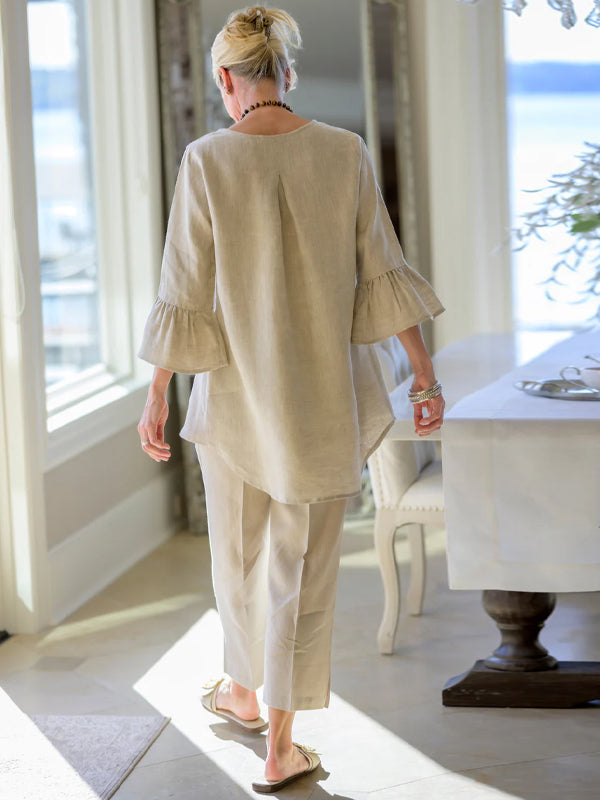Round Neck Solid Color Cotton And Linen Top And Trousers Suit