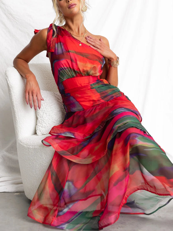 Elegant One-shoulder Chiffon Printed Ladies Dress