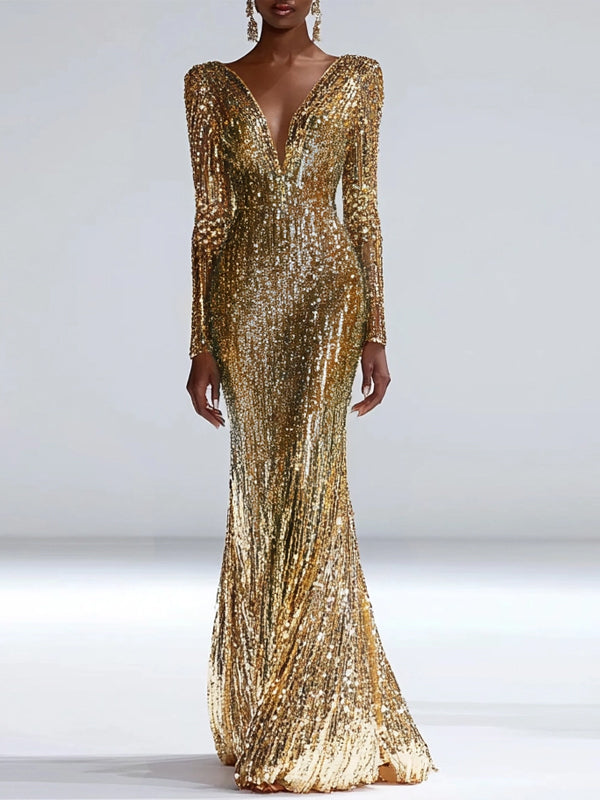 V-neck Sequined Long Sleeves Maxi Dress