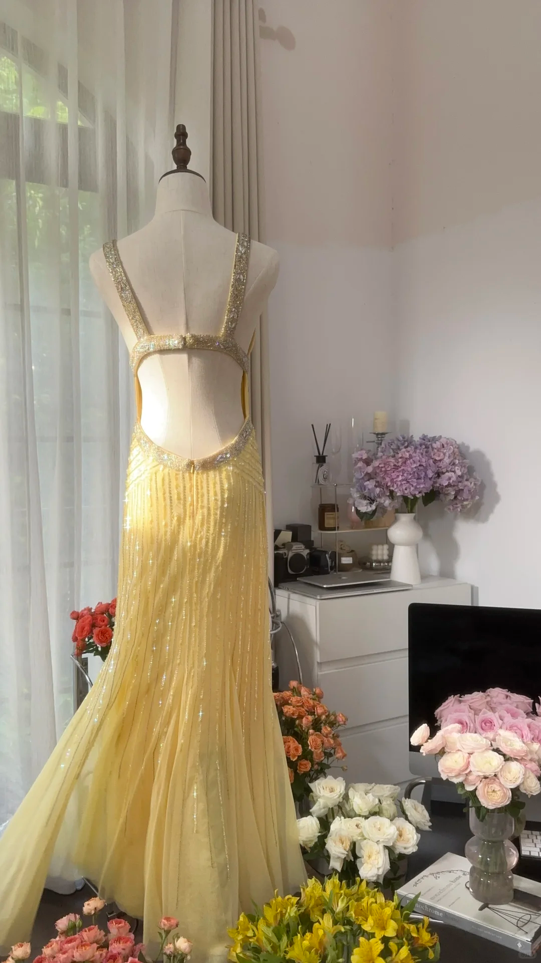 Light Yellow Gorgeous Shiny Fashion Elegant Exquisite Beaded Long Tulle Backless Fairy Ball Gown Evening Dress Birthday/Wedding Guest/Holiday Party Dress Prom Dress Valentine's Day Date Dress gh4034
