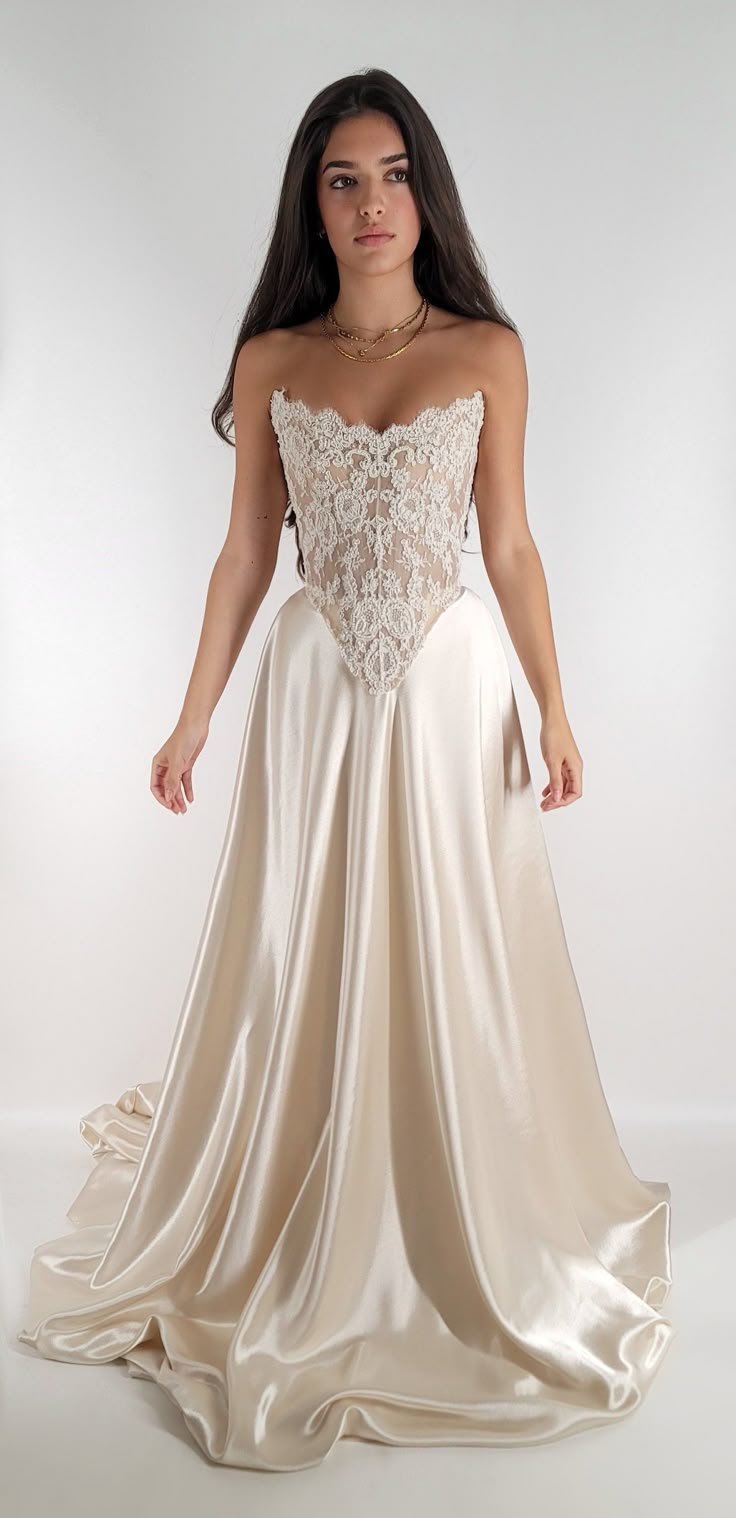 Elegant A Line Strapless Lace Satin Long Prom Dress Evening Dress SH2554