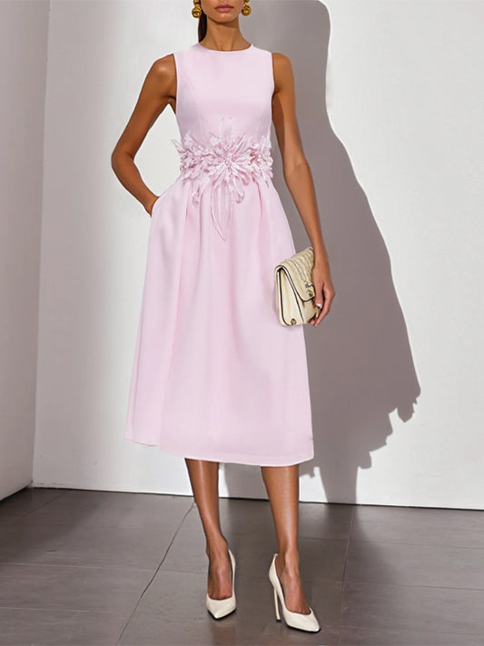 Pink Ruched Floral Classic One Shoulder Sleeveless A-Line Midi Dress