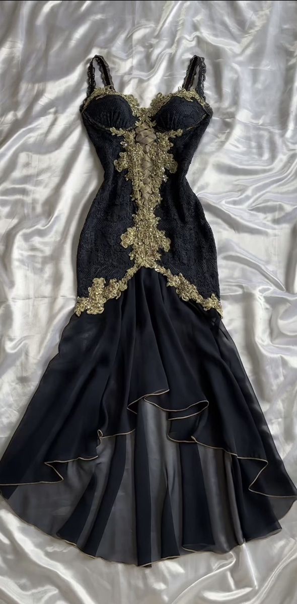 Stunning Mermaid Spaghetti Strap Golden Lace Black Chiffon Prom Dress Evening Dress SH2364