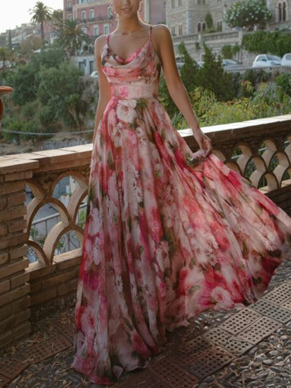 White Suspender Print Maxi Dress