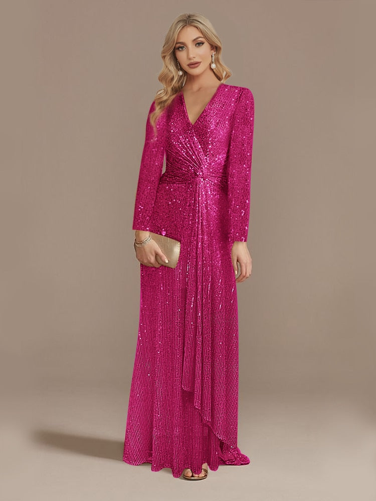 loveedsTM- Luxury Long Sleeve V-Neck Evening Dress Party Women Wedding Sequins For Female Guests Blue Prom Cocktail Dresses