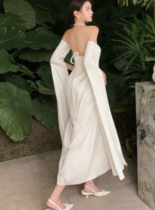 White Simple Clean A Line Halter Long Sleeve Satin Long Prom Dress Evening Dress SH3455
