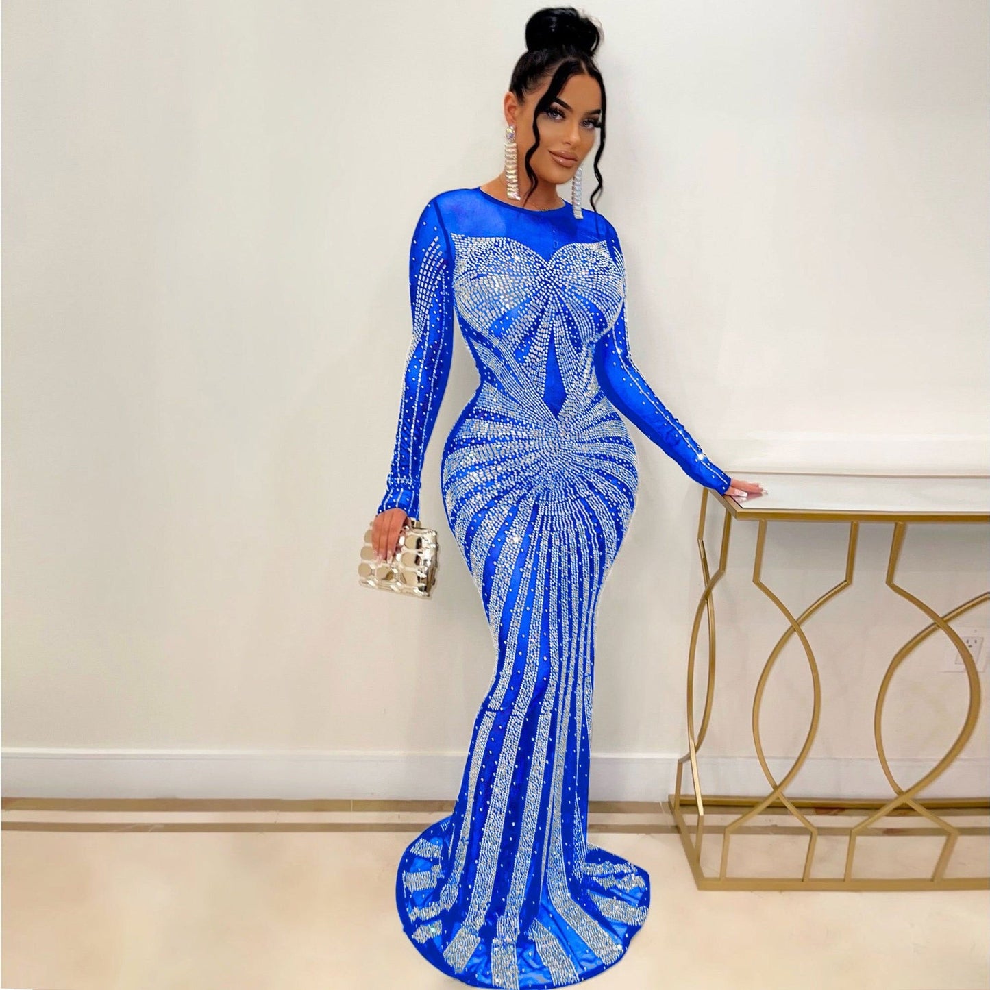 loveedsTM-Sexy Rhinestones Floor-length Evening Dresses Luxury Elegant Women's O-neck Long Sleeve See-through Mesh Night Club Long Dress