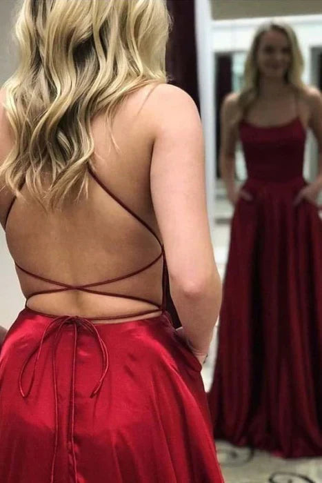Sexy A Line Spaghetti Straps Red Backless Prom Dresses Long Party Dress SD2265