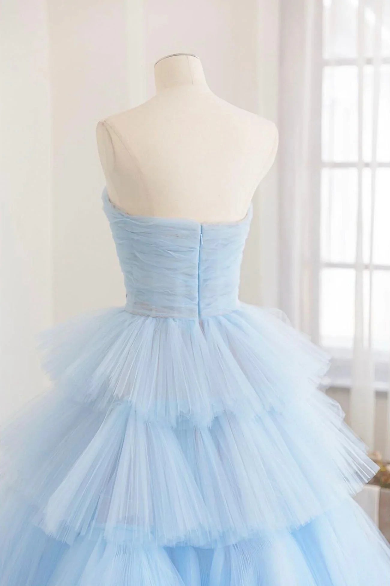 Blue A-Line Strapless Tulle Layers Long Prom Dress Evening Dress SH1636