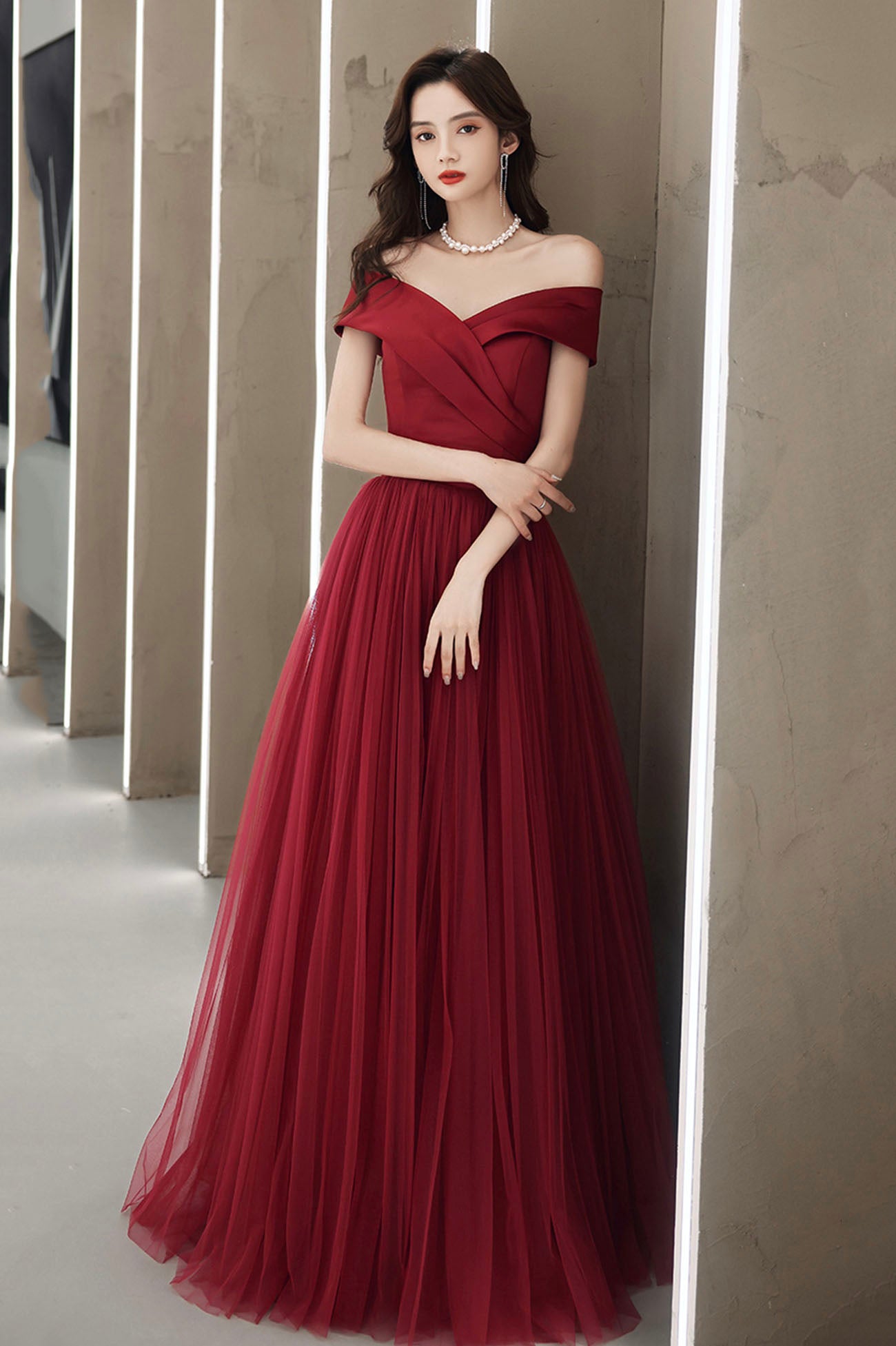 Burgundy Off the Shoulder Tulle Long Prom Dress, A-Line Evening Party Dress