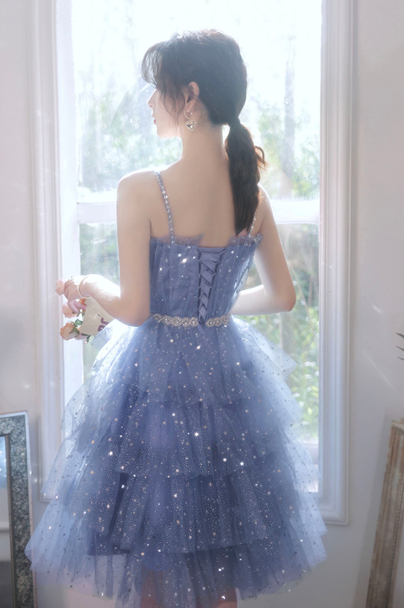 Spaghetti Strap Tulle Short Prom Dress, Cute Blue Homecoming Party Dress