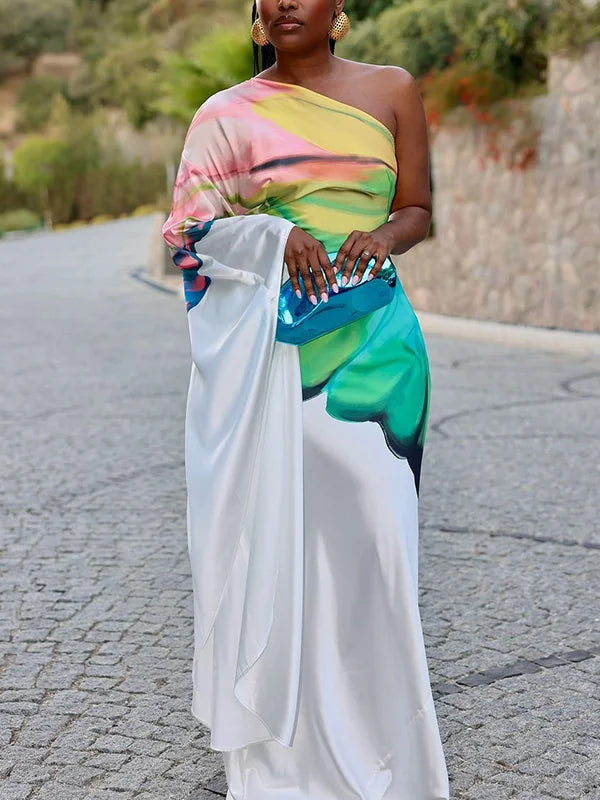 Asymmetric Flower Print Long Sleeves Loose One-shoulder Maxi Dress