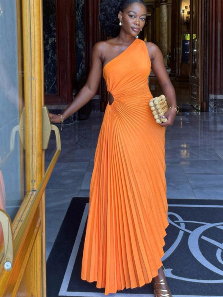 loveedsTM-Lady Roll Waist Sleeveless Pleated Ruched A-line Dress Women One Shoulder Sexy Prom Evening Dresses New Fahion Chothing