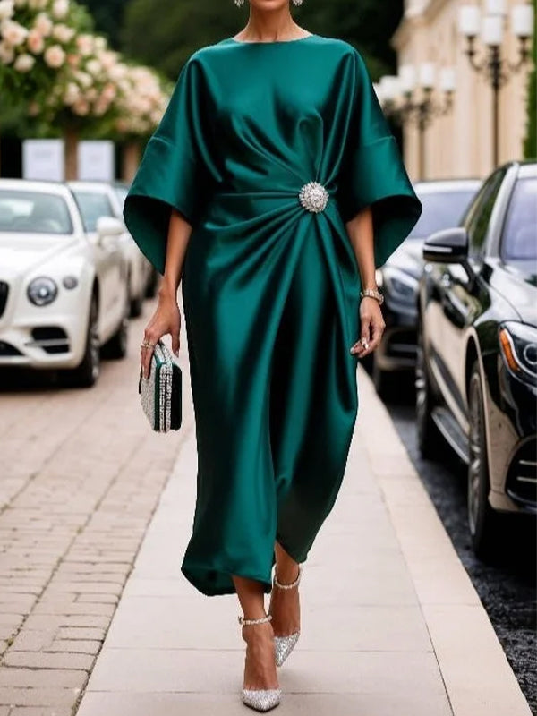 Solid Color Round Neck Silk Midi Dress