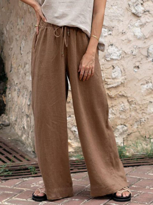 Cotton And Linen Lace-up Straight Pants