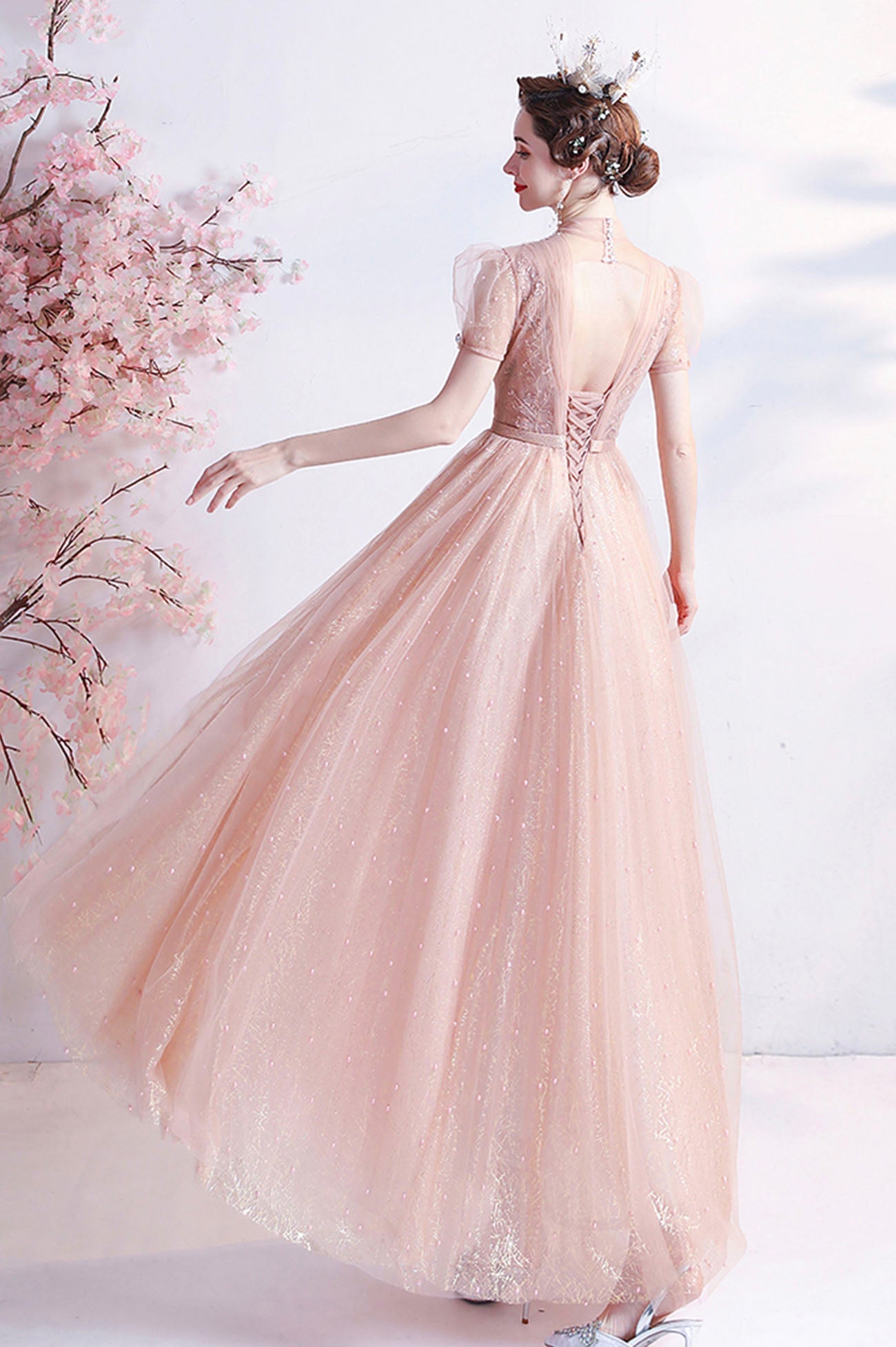 Pink Tulle Beaded Tea Length Prom Dress, A-Line Evening Party Dress