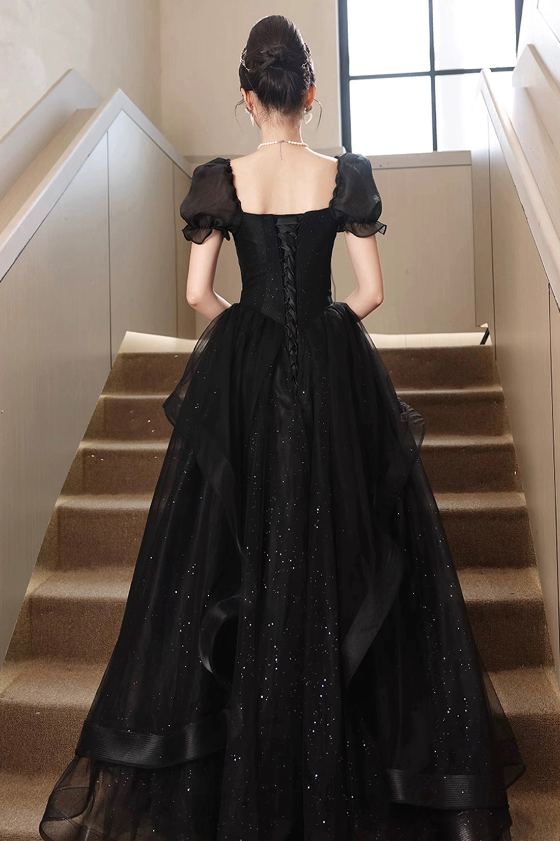 A-Line Tulle Lace Short Sleeve Prom Dress, Lovely Floor Length Evening Party Dress