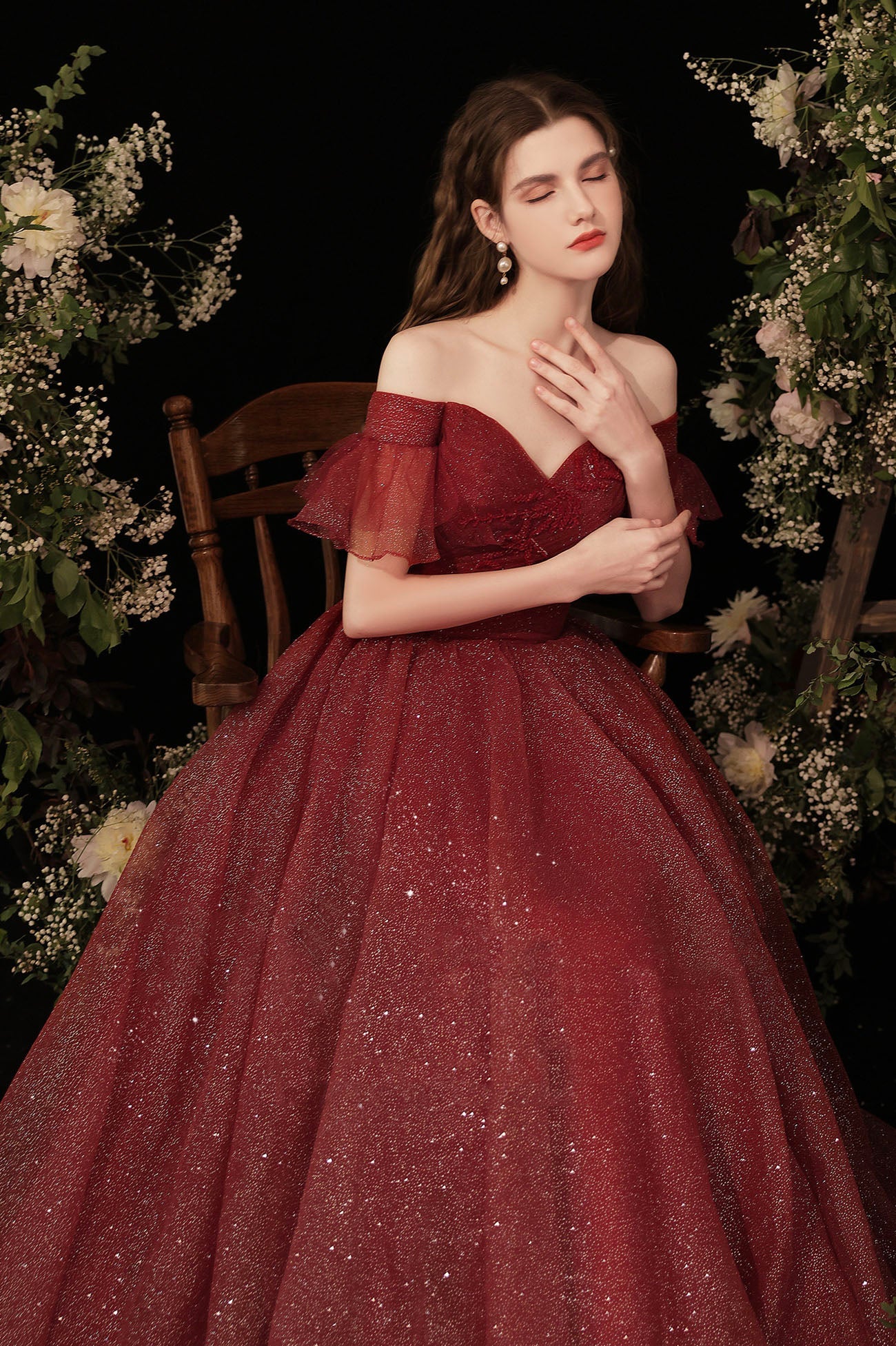 Burgundy Shiny Tulle Long Prom Dress, Burgundy Evening Party Dress