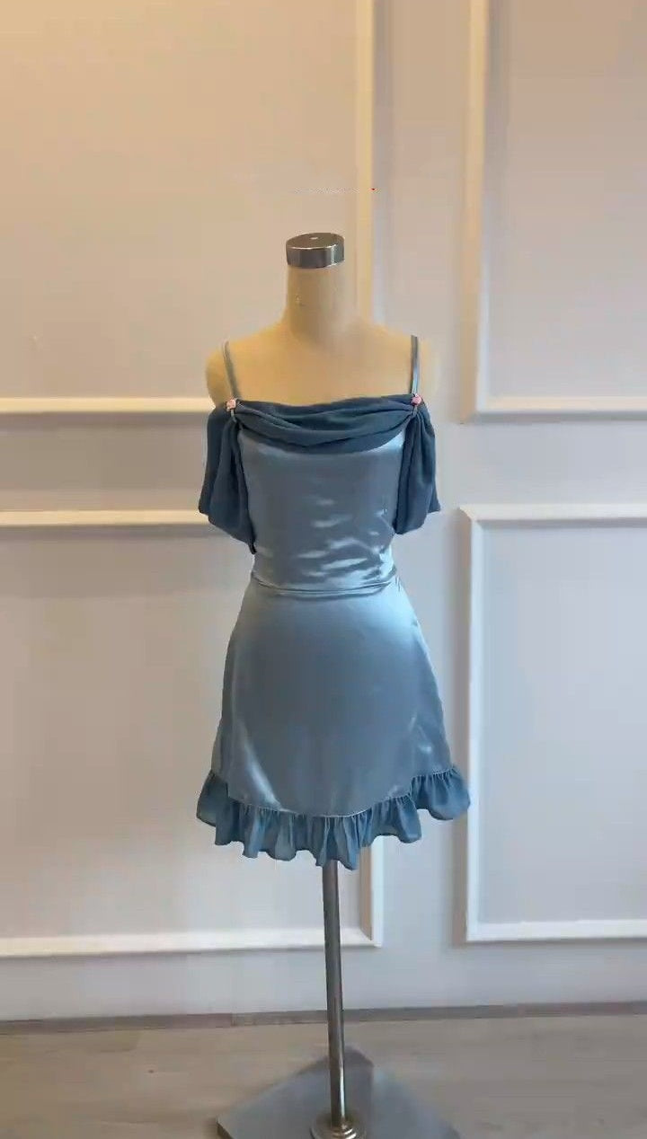 Haze Blue Retro Sweet Simple Short Satin Homecoming Dress Party Dress gh4895