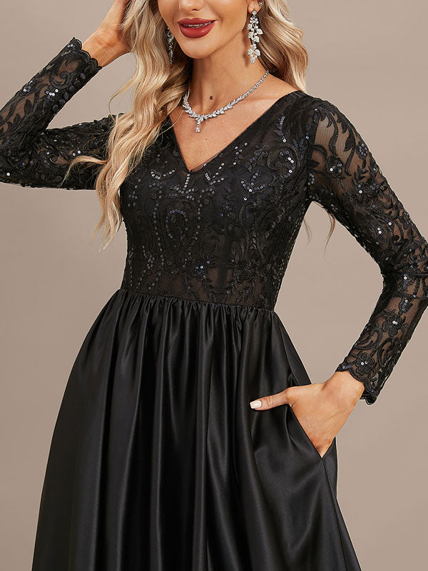 A-line V-Neck Floor-Length Satin Lace Evening Dress With Sequins