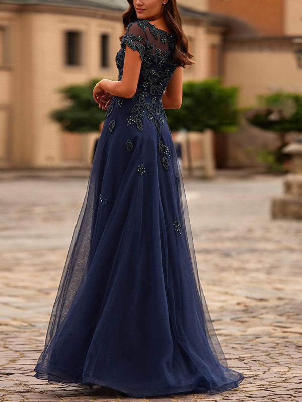 Dark Blue Round Neck Lace Mesh Short Sleeves Maxi Dress