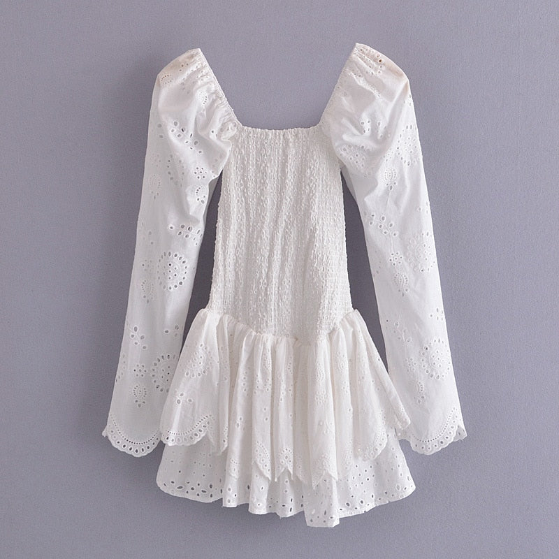 loveedsTM-2024 Summer Autumn Long Sleeve Elegant Embroidery Mini Dress Women Long Sleeve Cotton Smocked Bodice Sexy Woman Dress